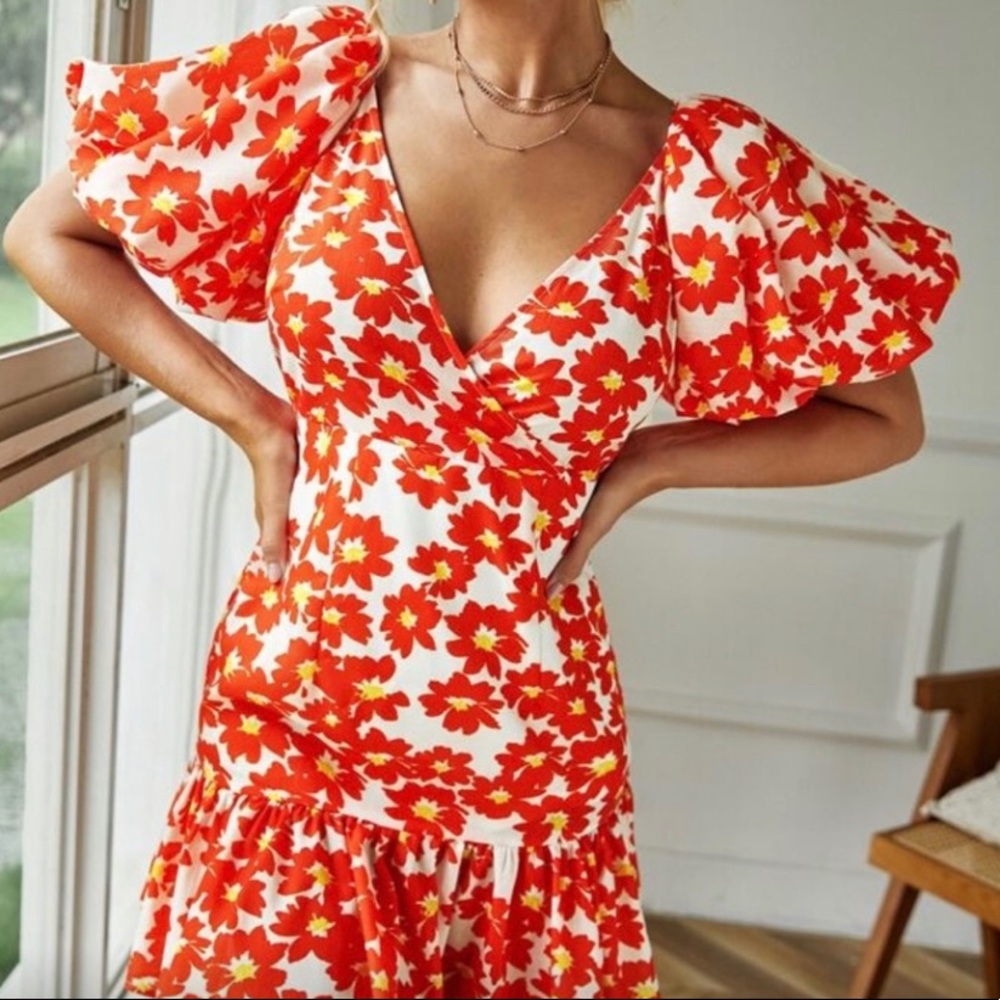 🌸SPRING IS HERE!🌼SUPER SEXY SHEIN Cottage Core Style Orange Floral Dress